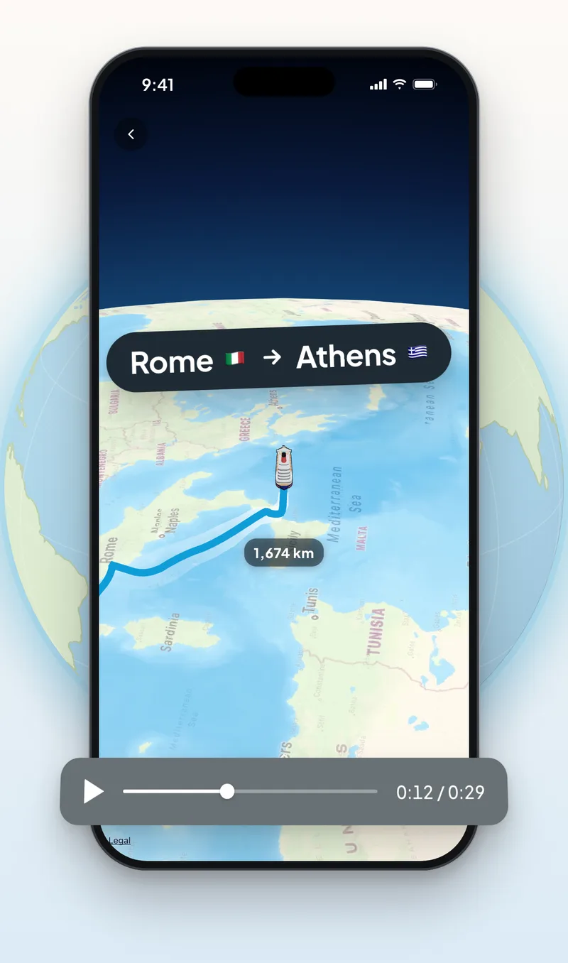 Trip Motion screen: Three cameras, globe or map