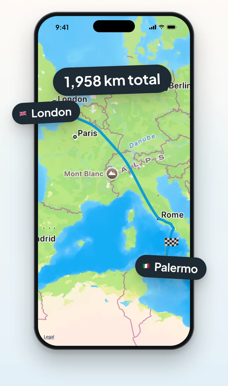Trip Motion screen: Every city, flag and kilometer