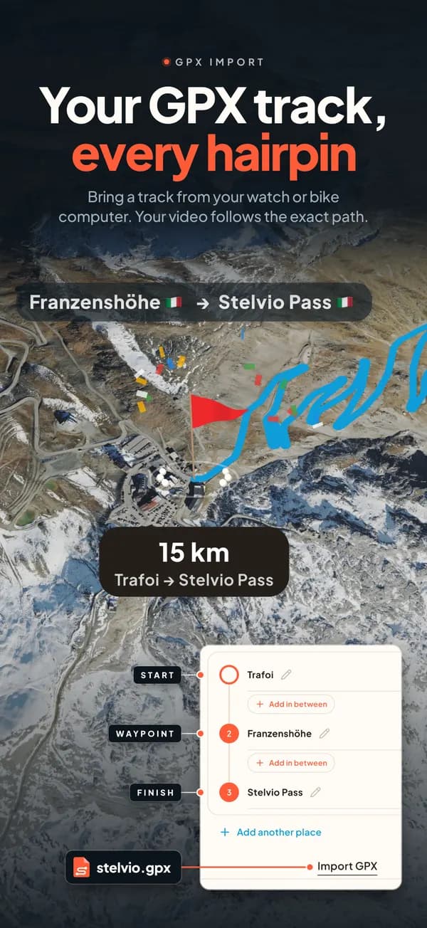 Trip Motion GPX import: a bike ride over the Stelvio Pass on a 3D satellite map