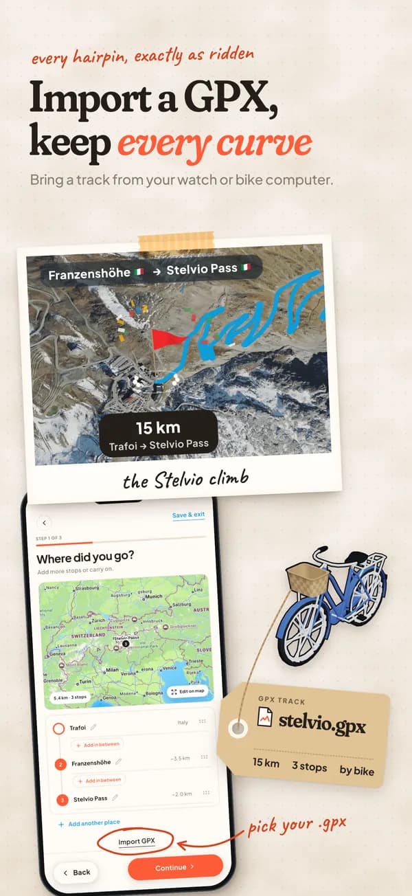 Trip Motion GPX import: the Stelvio climb as a travel journal page