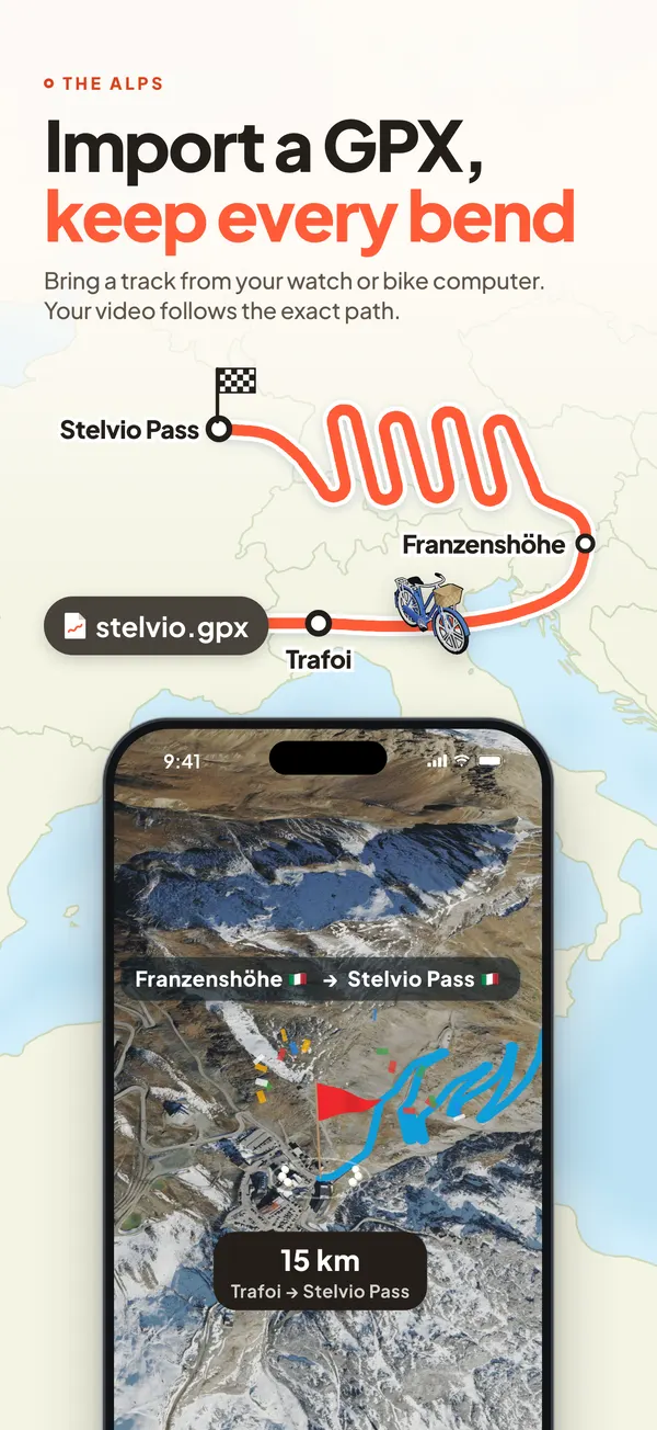 Trip Motion GPX import: the Stelvio Pass hairpins drawn from a GPX file